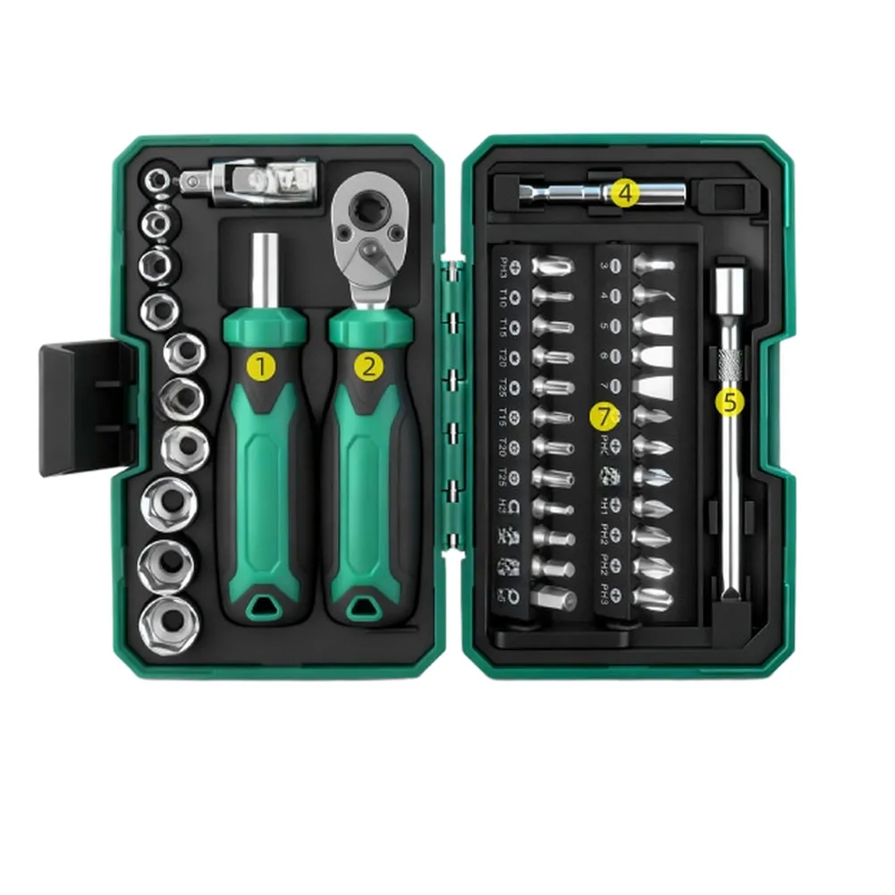 Ratchet Screwdriver with 45-Piece Socket and Bit Collection Designed for 1/4 Inch For impact Drive Adapter Tasks