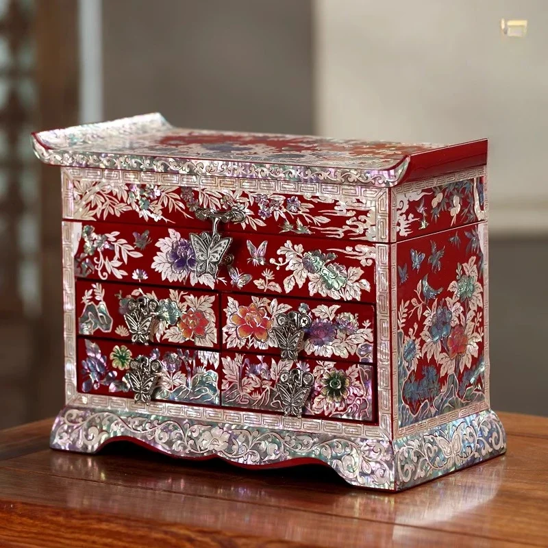 Multi-layer large-capacity jewelry box Wooden snail lacquer wedding gift hand jewelry box Vintage storage box