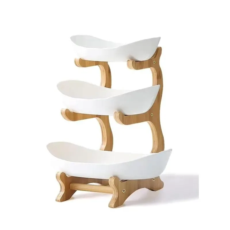 for 3-Layer bamboo and wood stand with ceramic fruit bowl snack and dessert tray for kitchen vegetable storage rack