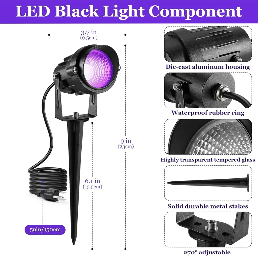 مقاوم للماء 12 واط الأشعة فوق البنفسجية LED Blacklight أضواء المناظر الطبيعية في المكونات في أضواء الضوء الأسود لحديقة الحديقة حفلة عيد الميلاد ديكور