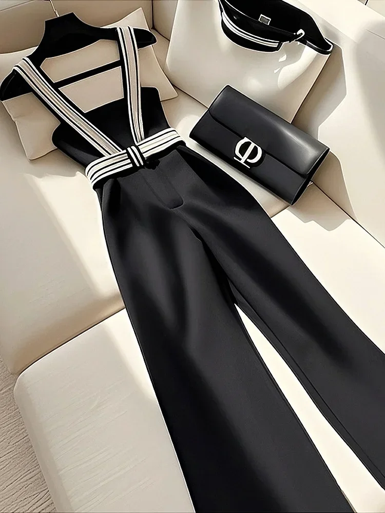 Korean Fashion Black Jumpsuit Women Elegance Strap Camisole Wide Leg Pant Jumpsuit Summer Frence Office Lady Design Style Formal