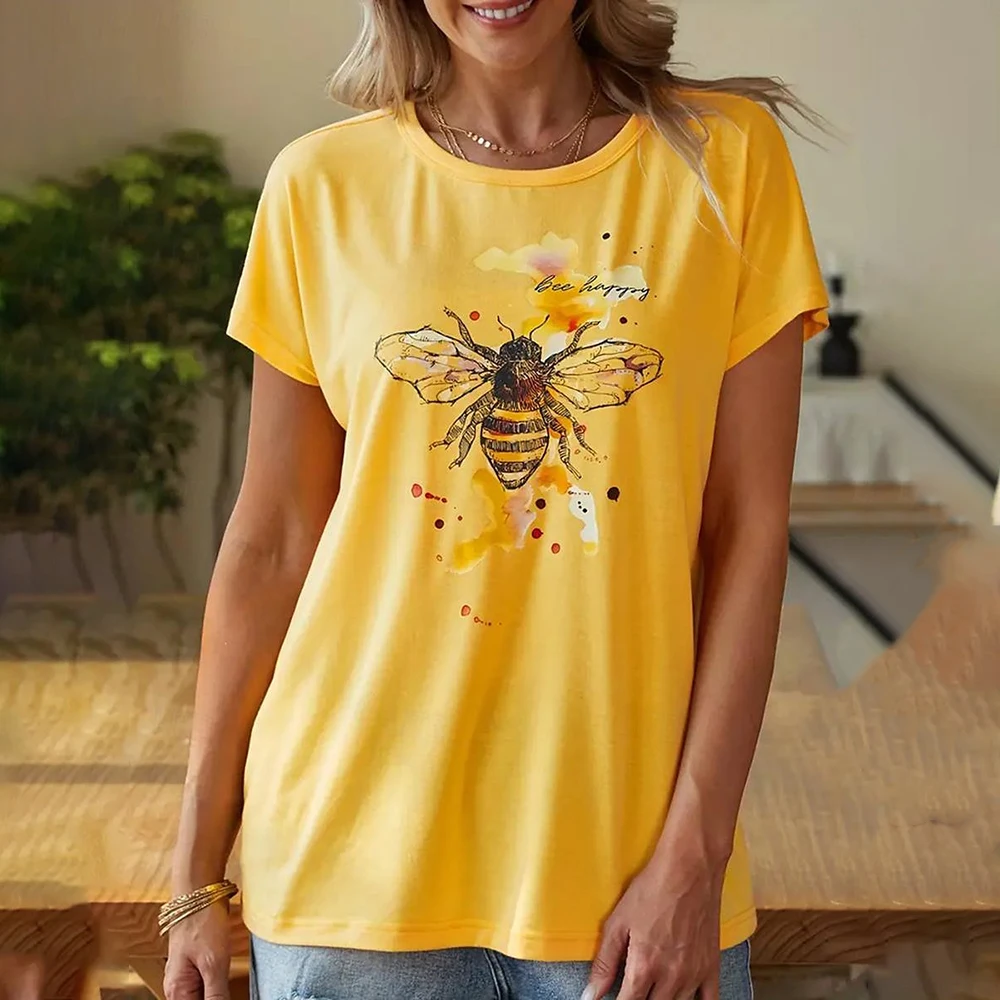 

Bee Happy Letter Funny Women's T-shirts Bee Print Polyester Short Sleeves T shirt Summer Fashion Women Clothing Loose Streetwear