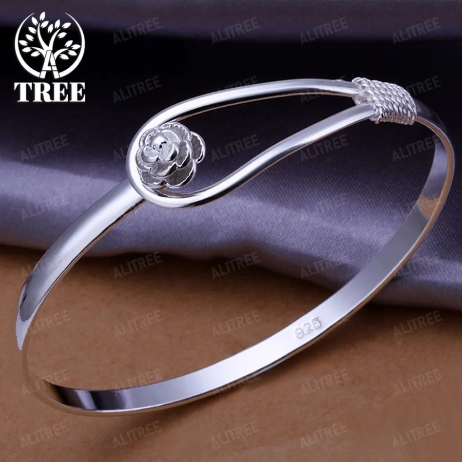 

Christmas Gift 925 Sterling Silver Bangle Jewelry Women Cute Girl Fashion Noble Qualities Female Charm Flower Buckle