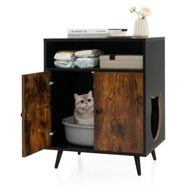Brown Wood Double-Door Cat Litter Box With Storage Furniture For Nightstand Side Table Or End Table Use
