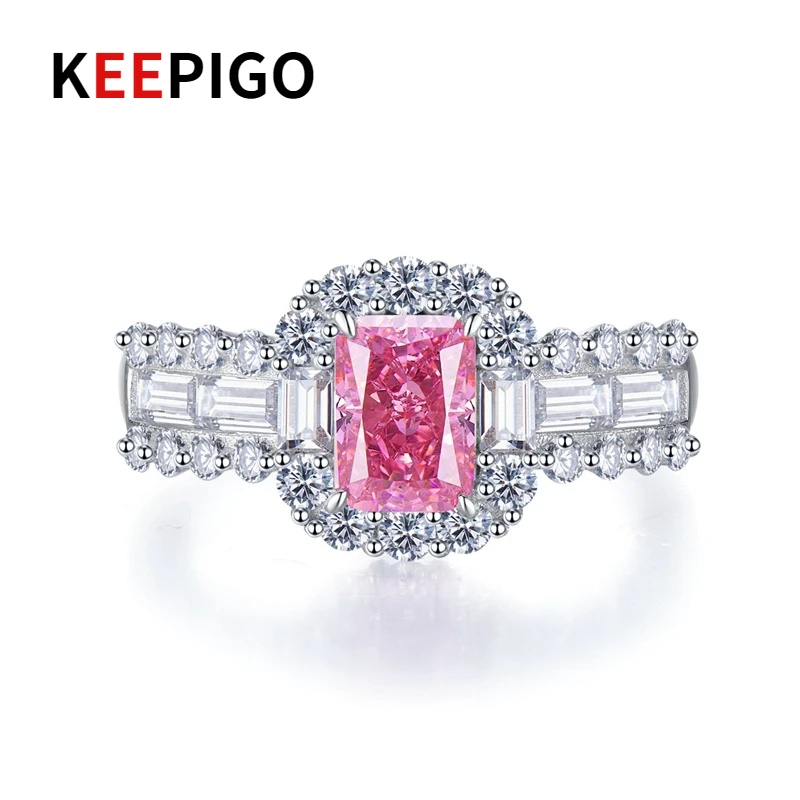 

KEEPIGO S925 Sterling Silver 5*7mm Pink Rectangle High Carbon Diamond Rings For Women Girls Shiny Exquisite Jewelry RA107