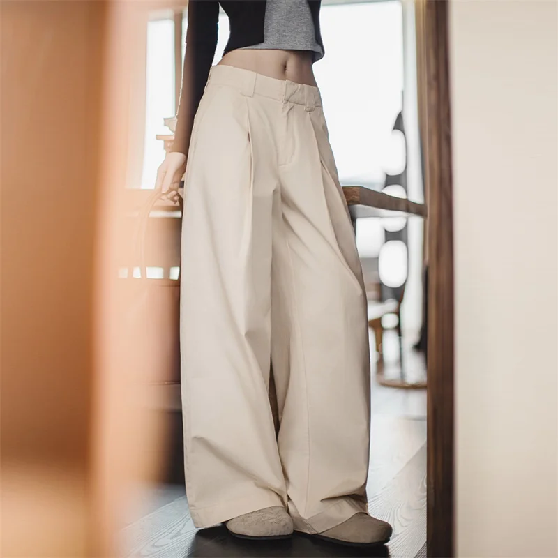 

Maden Vintage Pleated Beige Wide-Leg Pants Women's Spring&Summer Straight Floor-Length Trousers Versatile Casual Palazzo Pants
