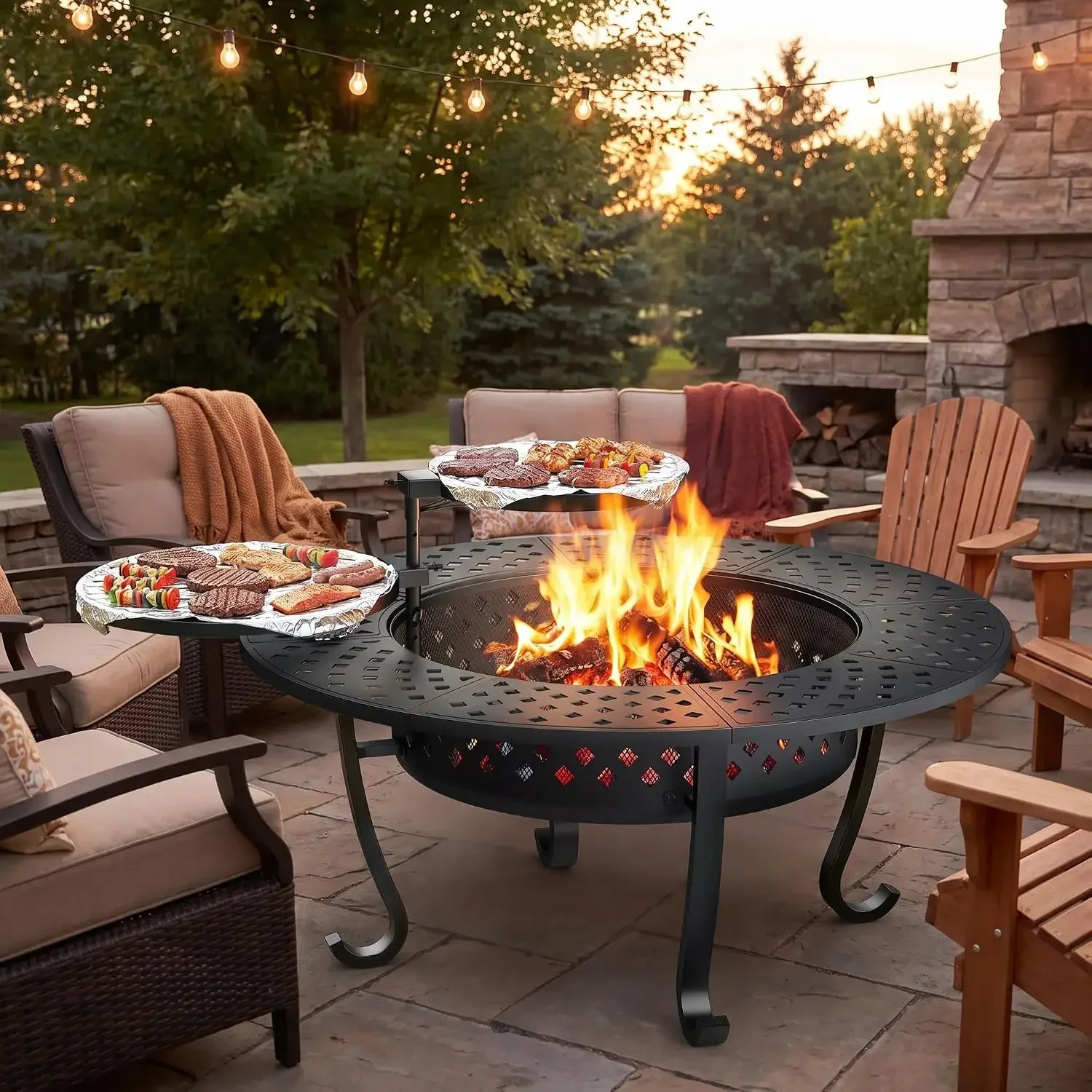 Round Outdoor Fire Pit, Three In One Wood Burning Bonfire Table With Two Adjustable Swivel Cooking Grills And Spark Lid For Backyard Patio Camping Party, Modern Black, One Set