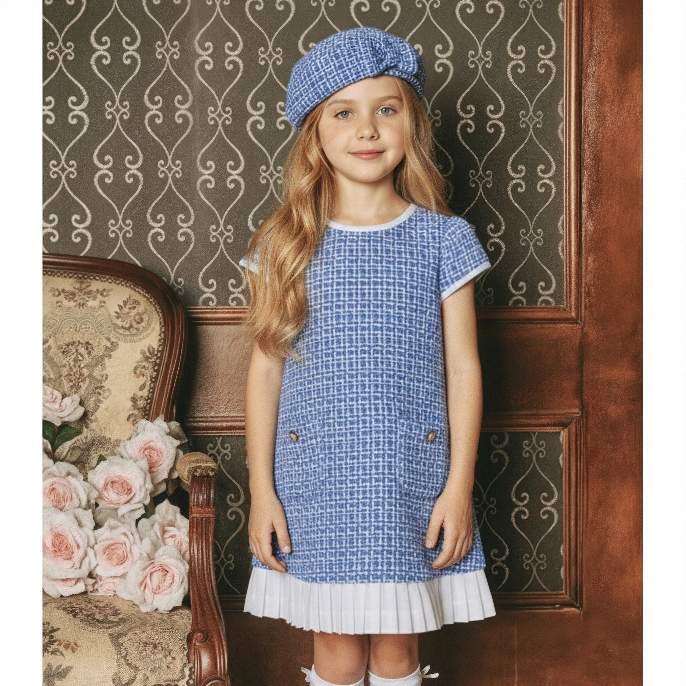 janie-and-jack-princess-dress-blue-spot-plaid-skirt-style-girls-spring-autumn-winter-dress-round-neck-bubble-sleeve-polyester