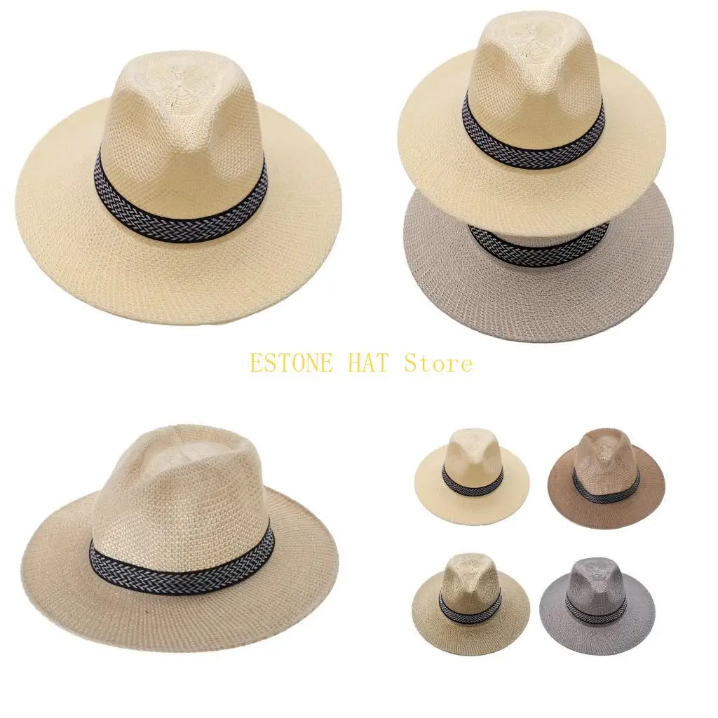 49MF Big Brim Sunshade Sunhat with Windproof Rope Cowboy Hat for Climbing Fishing