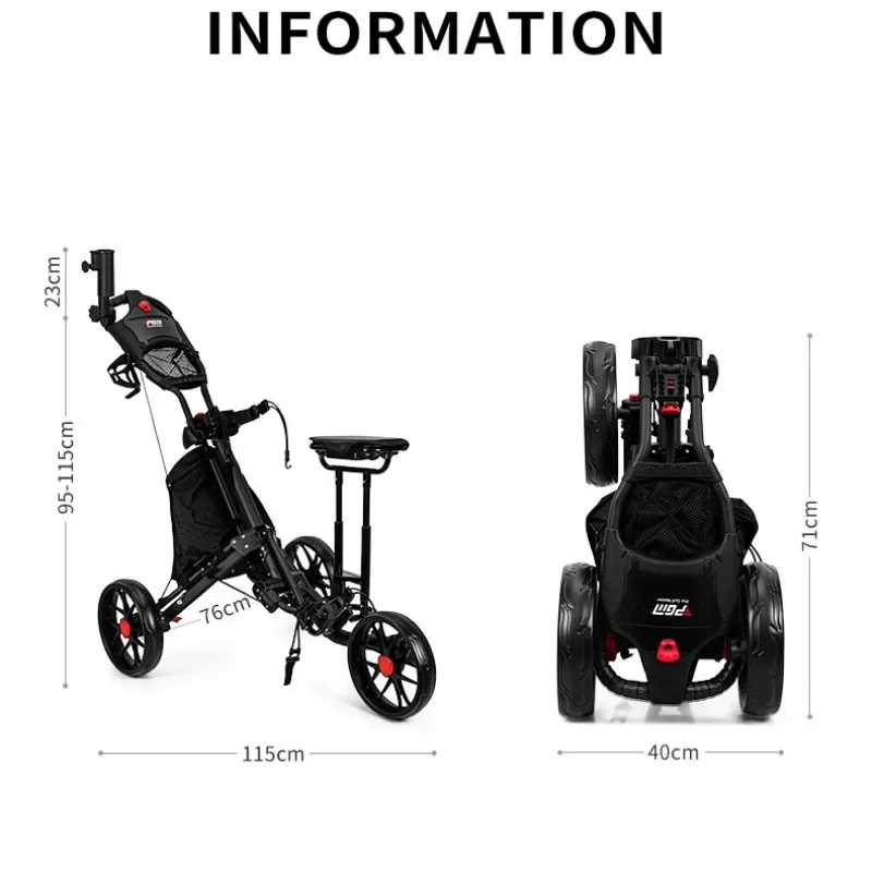 PGM Golf Bag Trolley Three Wheels Foldable with Brakes Equipped with Seat Ice Bag Umbrella Water Cup Holder Golf Push Cart QC007