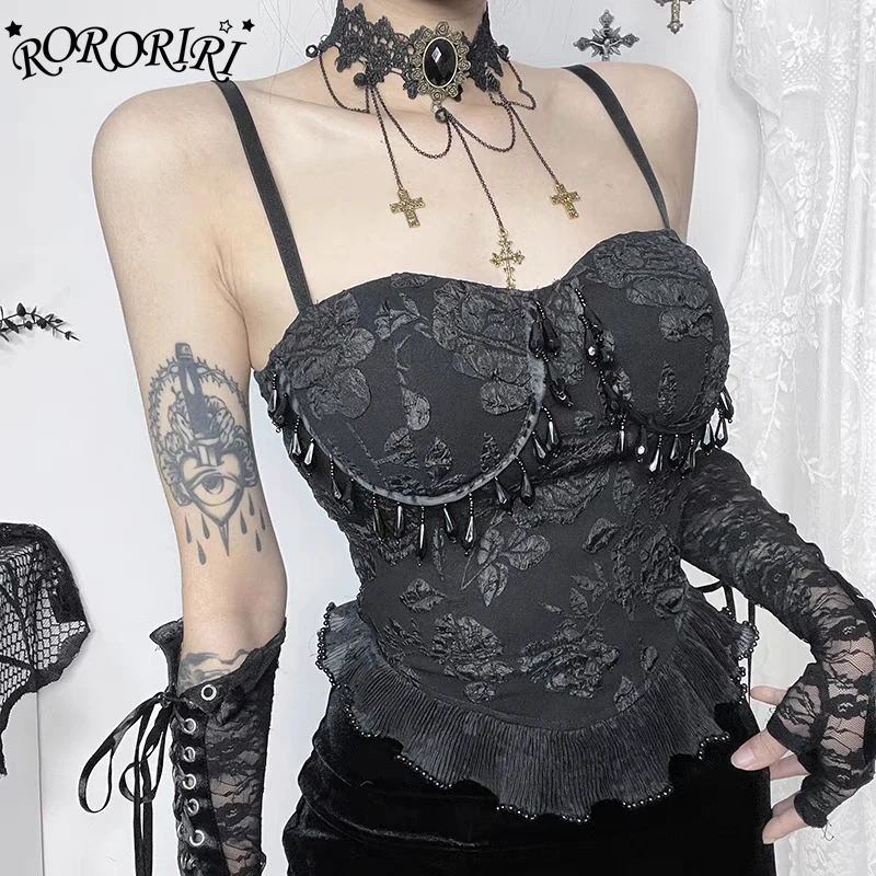 

RORORIRI Retro Stitch Diamond Camisole Women Spaghetti Straps Backless Shirring Frill Trim Slim Padded Corset Top Gothic Clothes