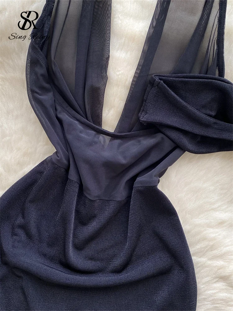 Abito da donna sexy con scollo all'americana trasparente senza schienale Abito tubino trasparente alla moda Abito corto diviso sensuale con fiocco estivo