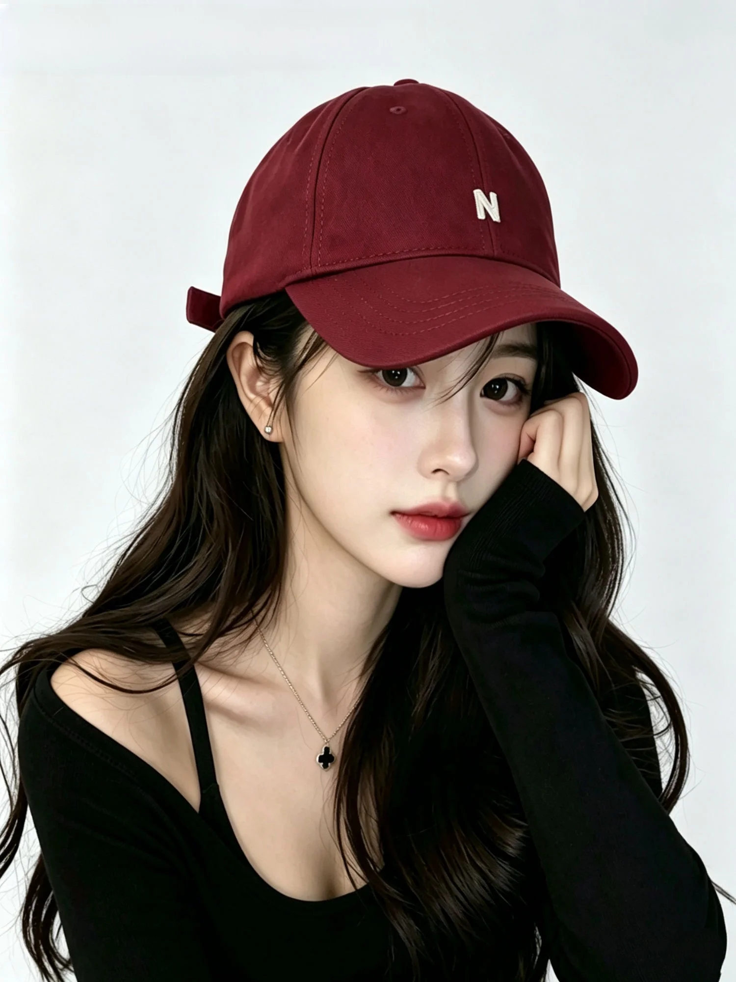 original-wide-brim-red-baseball-cap-women's-face-slimming-embroidered-casual-sun-protection-duckbill-hat-adjustable-round-top