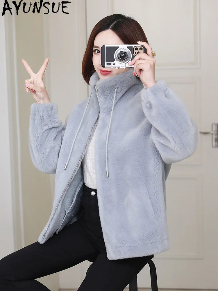 AYUNSUE 100% laine manteau de fourrure femmes mode mouton peau de mouton veste automne hiver vêtements col montant fourrure Composite П199ьто Ж брае