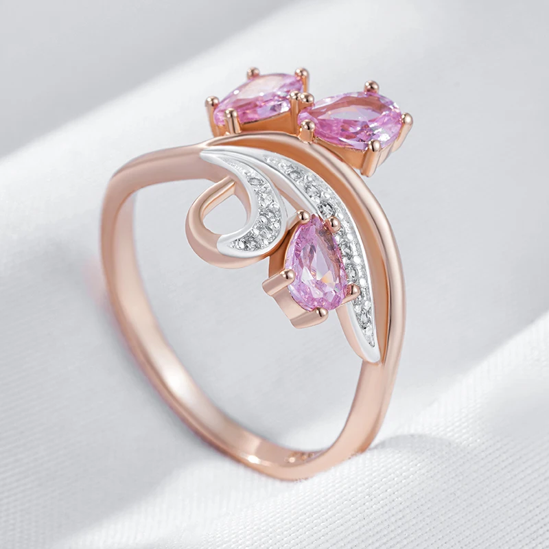Kinel Hot Shiny Pink Natural Zircon Crystal Flower Ring For Women Fashion 585 Rose Gold Silver Color Mix Daily Ethnic Jewelry