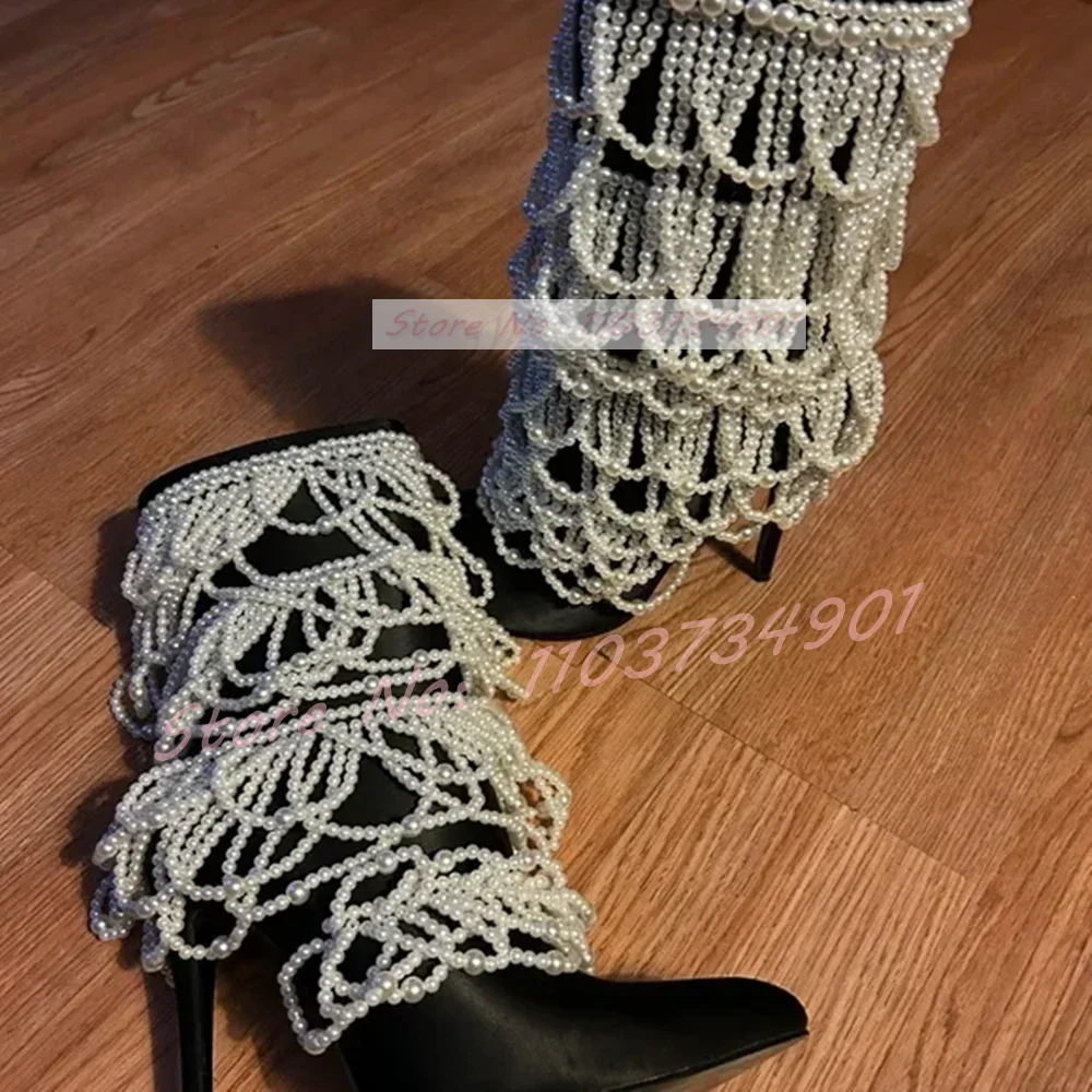 Pearl Chain Verzierte Satin Black Boots Women Classy Pointy Toe Zip Mid Calf Thin High Heels Shoes Lady Sexy Fashion Showy Boots