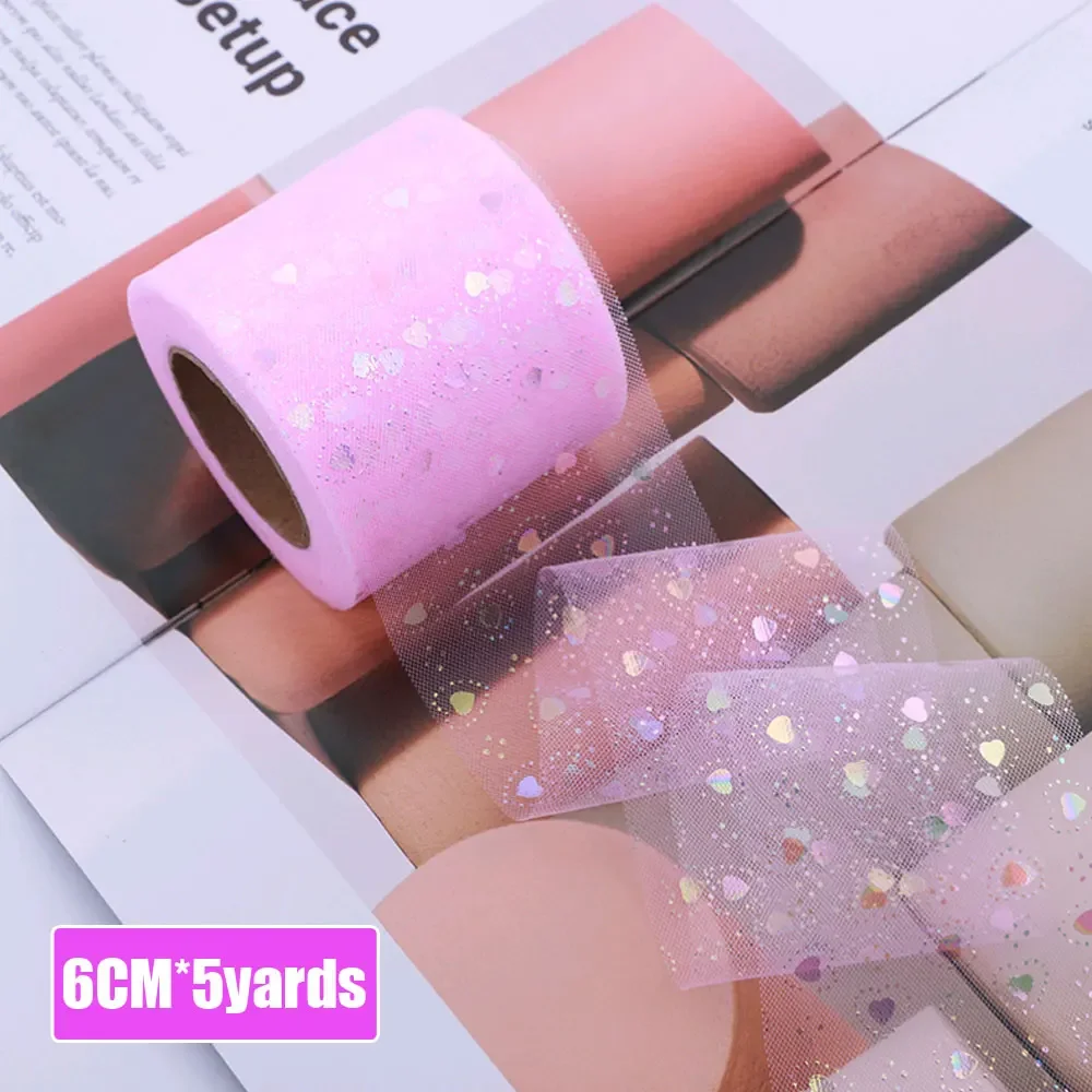 6cm 5yard Tulle Illusory Heart Ribbon DIY Handmade Craft Hair Ornament Baking Gift Wrapping Printed Package Mesh Fabric Supplies