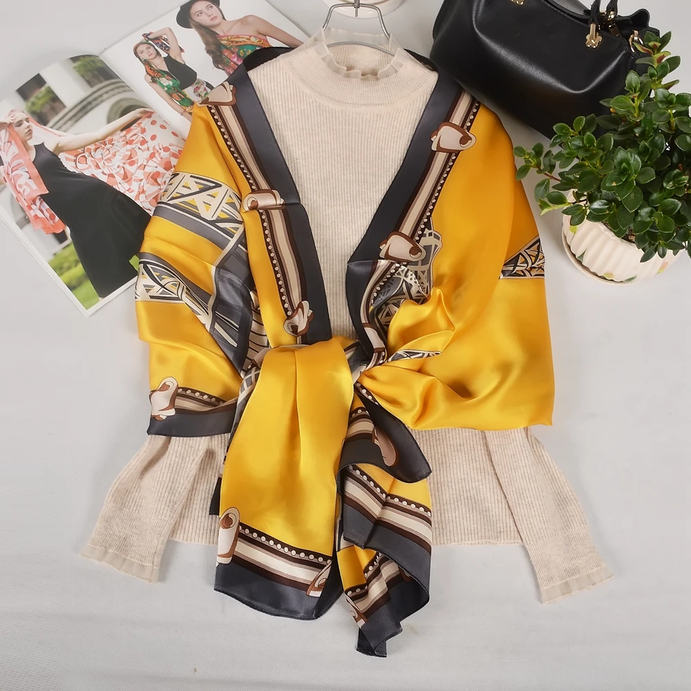 BYSIFA| New Bright Yellow 100% Mulberry Silk Shawl Scarf for Women Fall Winter Elegant Long Neck Scarves Heascarf Wrap for Hair