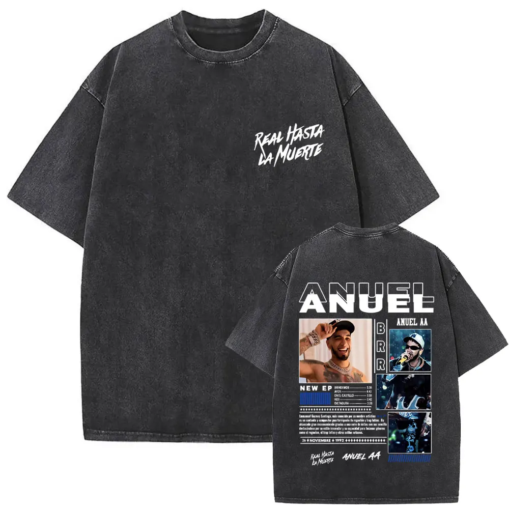 

Anuel AA Real Hasta La Muerte Tour 2025 Vintage Washed T Shirts Men's Hip Hop Gothic T-Shirts 100% Cotton Short Sleeve T-Shirt