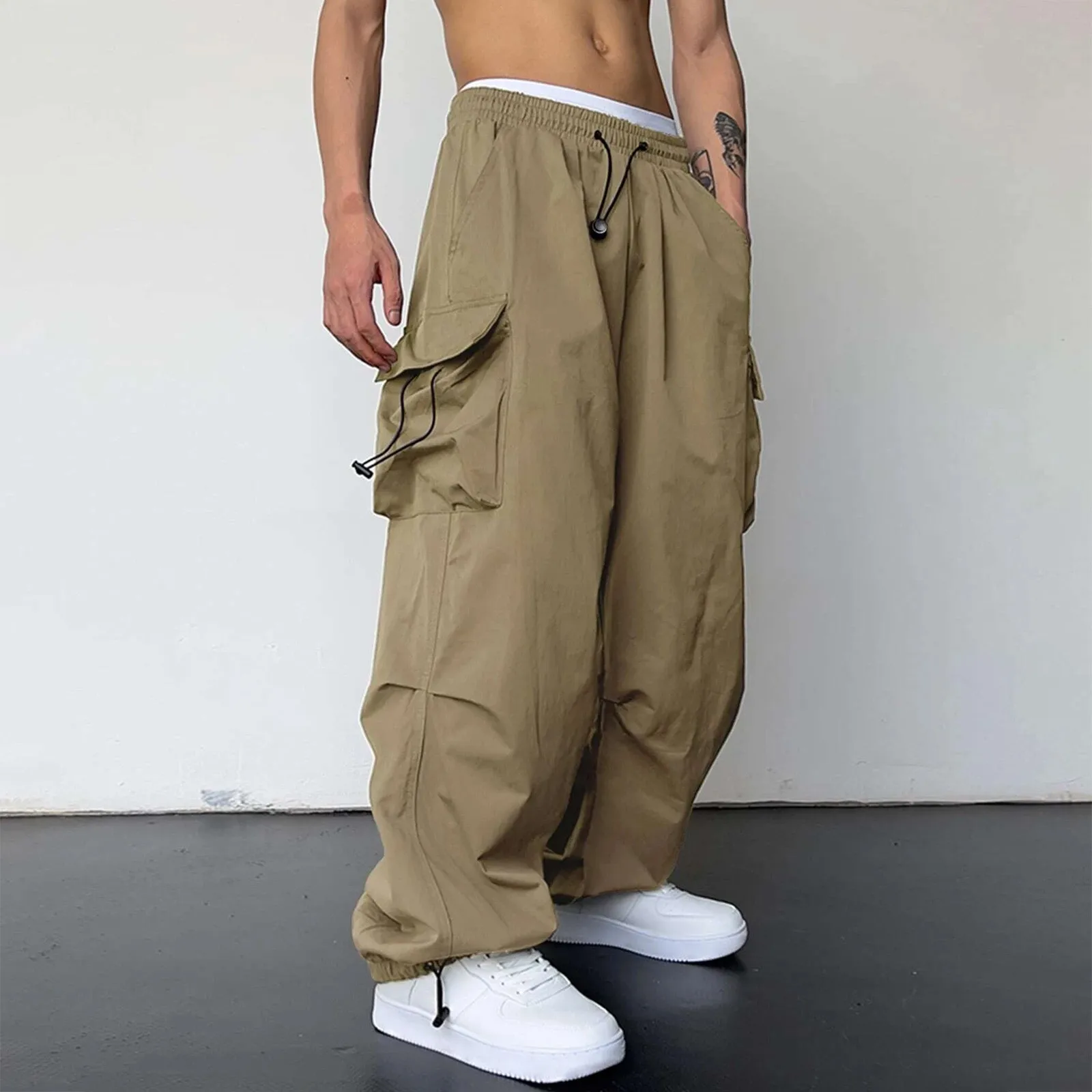 

Men Cargo Pants Trousers Casual Mid Waist Solid Color Sports Woven Pocket Foot Rope Long Pants Wide Leg Joggers Baggy Sweatpants