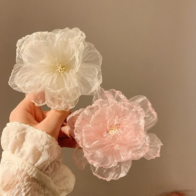 

Нежная и воздушная заколка для волос из тюля с цветочным декором, пляжный аксессуар для челки с центральным цветком