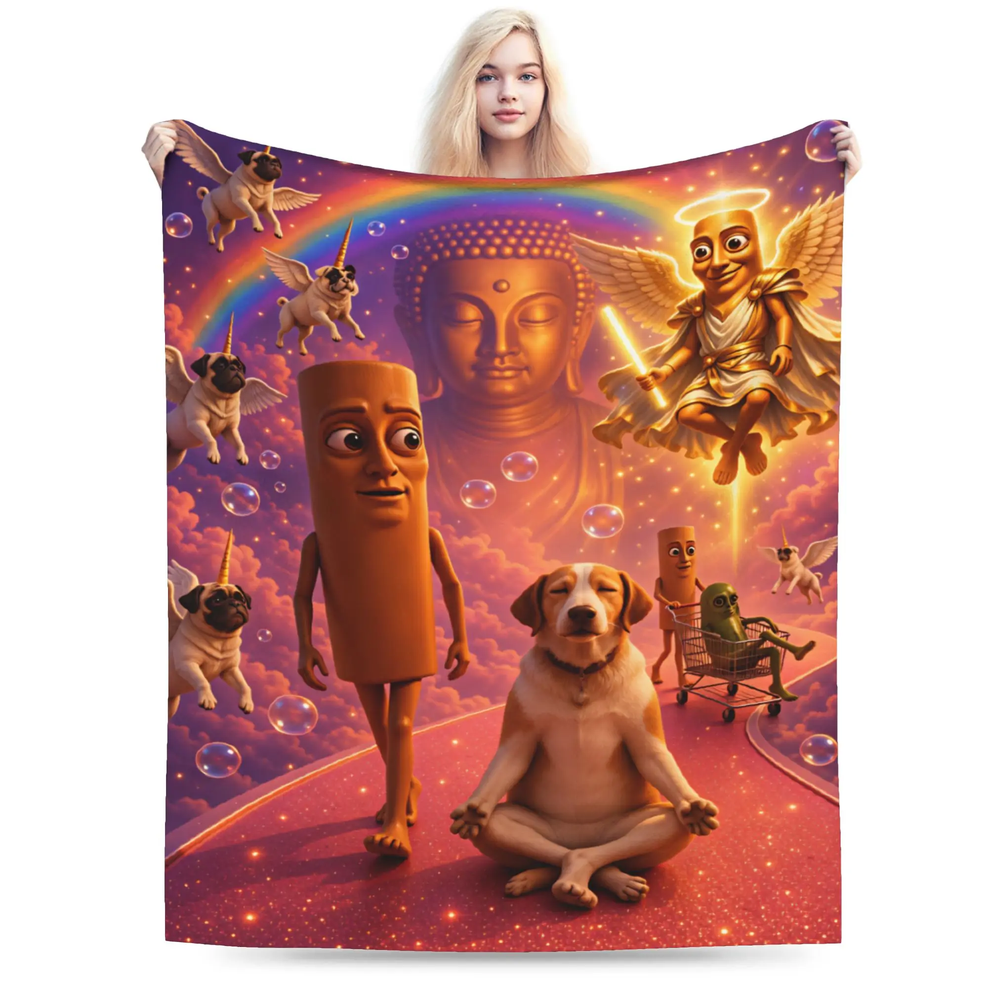 Tung Tung Sahur Angel Heaven Rainbow Funny Meme Flannel Blanket Girl Bedding Throws Winter Home Decor Bedspread Sofa Bed Cover
