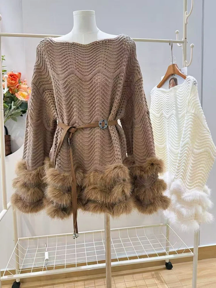 

Autumn Winter 2025 New with Belt Knitted Top French Style Women's Fuzzy Hem Personality Elegant Mid Length Knitted Sweater