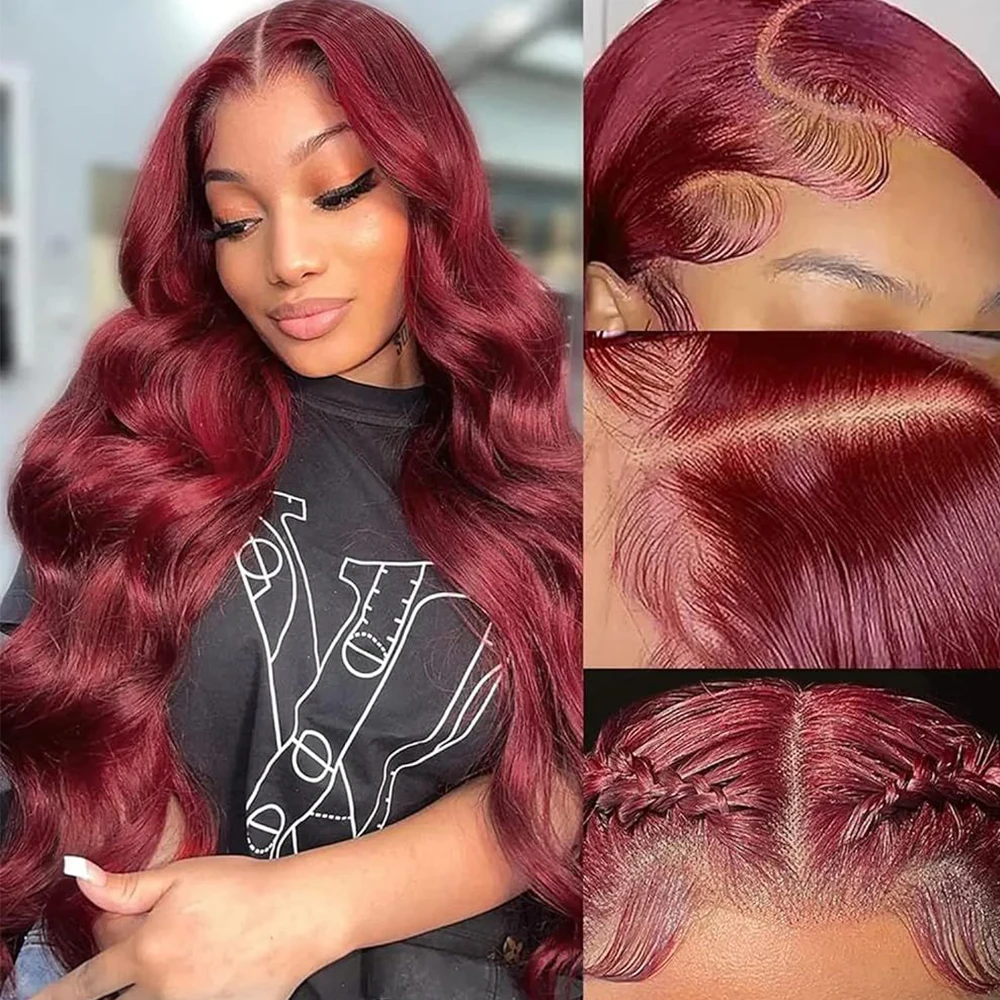 Long Afro Body Wave Synthetic Wigs Pre Plucked 13*6 Swiss Lace Frontal Wig Burgundy Wine Red Wig for Black Women Brazilian Daily