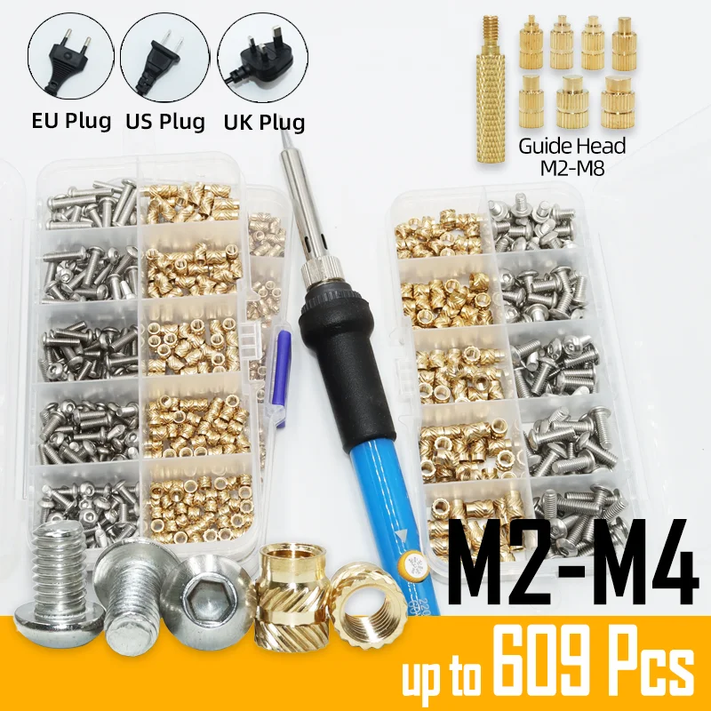 Heat Insert Nut Brass M2 M2.5 M3 M4 and Stainless Steel Screw Set Hot Melt Embed Thread Copper Nut Bolt With Soldering Iron Tip