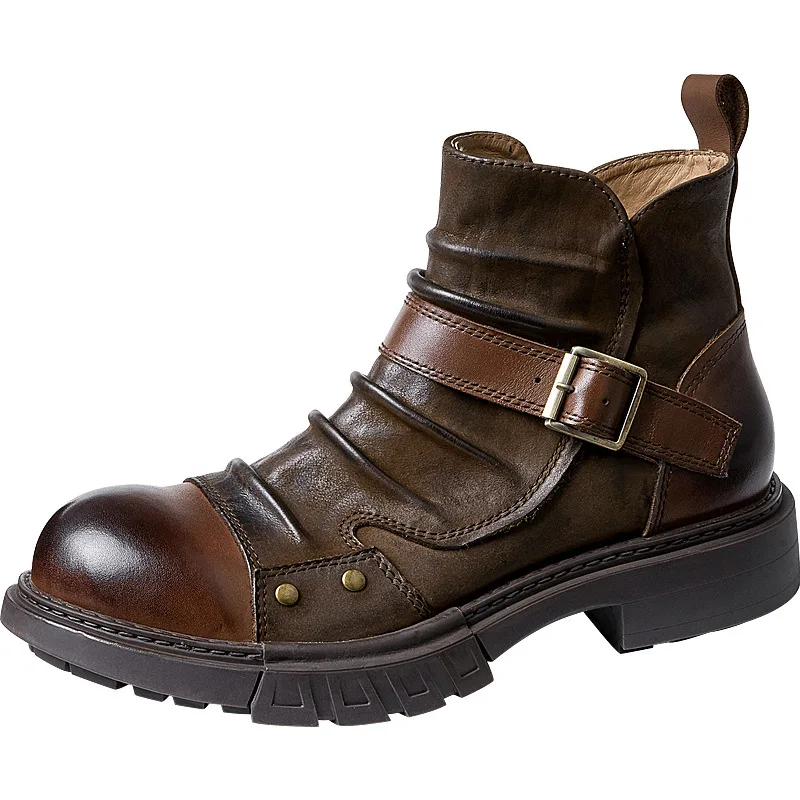 CLAIAMI New Handmade Punk Motorcycle Boots Men Cow Leather Chelsea Boots British Cowhide Tooling Ankle Men Boots Calzado Hombre