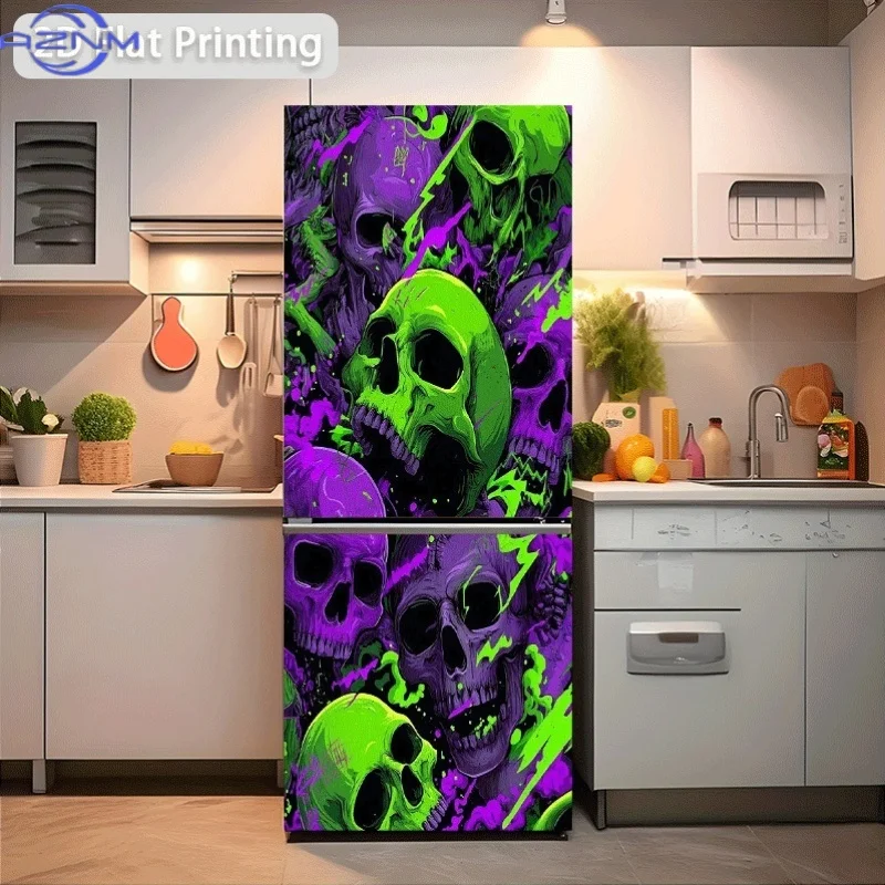 of Refrigerator Sticker Measuring 60X180 Cm with a Colorful Skull Design, Suitable for Cabinet And Wardrobe Decoration, Self-A