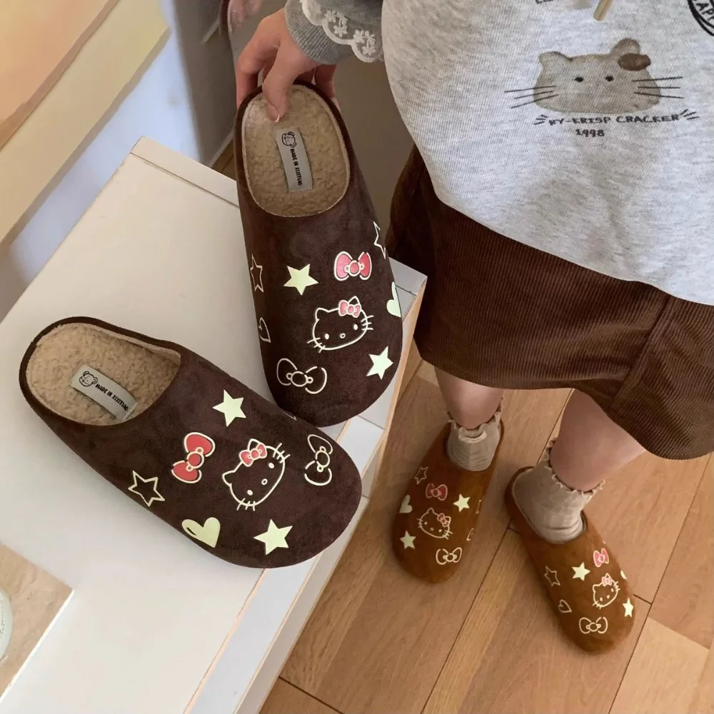 

Kawaii Hello Kitty Plush Slippers Kawaii Winter Sole Flat Warm Plush Shoes Sweet Cartoon Outdoor Anti Slip Slippers Anime Gift