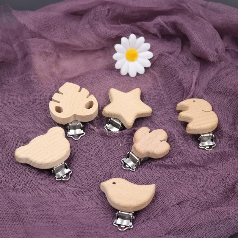 Wholesale stainless beech wood pacifier clip bear star cactus paci clips natural wood baby toy holder