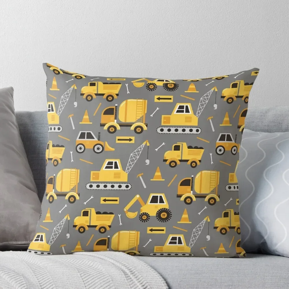 Construction Trucks on Gray Throw Pillow Custom Cushion Photo pillow cover christmas Pillow