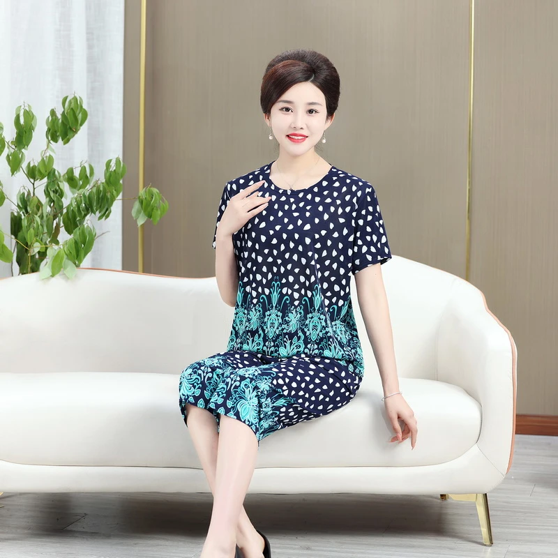 Middle-aged and Elderly Women Summer Short Sleeve Floral Print Loose  T-shirt Top Wide-leg Pant 2PCS Set Mother suit
