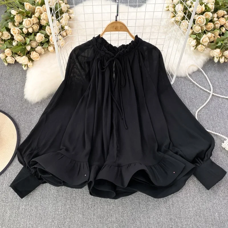 2024 Wiosna Jesień O-neck Ruffles Bluzki Koreańskie Słodkie Szyfonowe Koszule Damskie Y2k Lantern Sleeve Loose Blusas bluzka damska