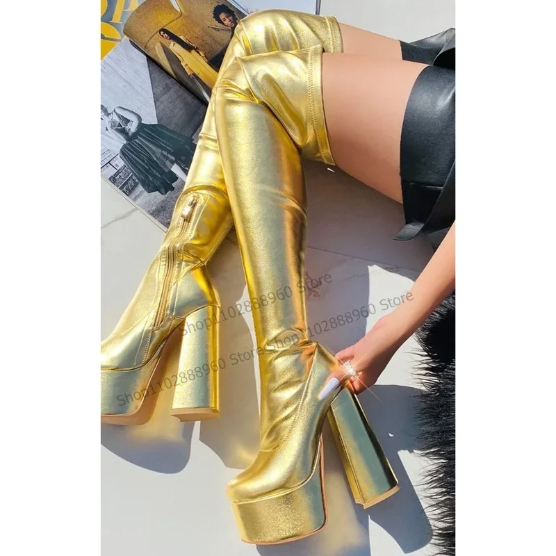 

Over The Knee Golden Elastic Platform Boots Chunky High Heel Women Shoes Side Zipper Round Toe 2023 Sexy Zapatos Para Mujere