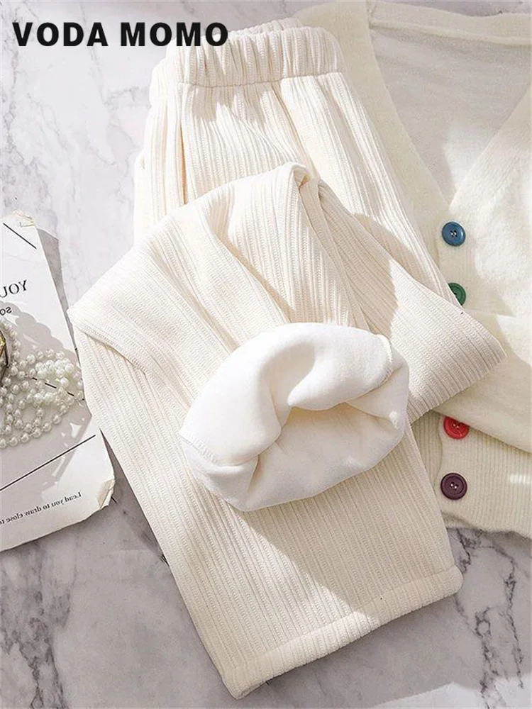 

Womens Snow Wear Pantalone Korean Fashion Plush Thick Elastic High Waist Spodnie New Winter Thicken Velvet Wide Leg Pants Solid