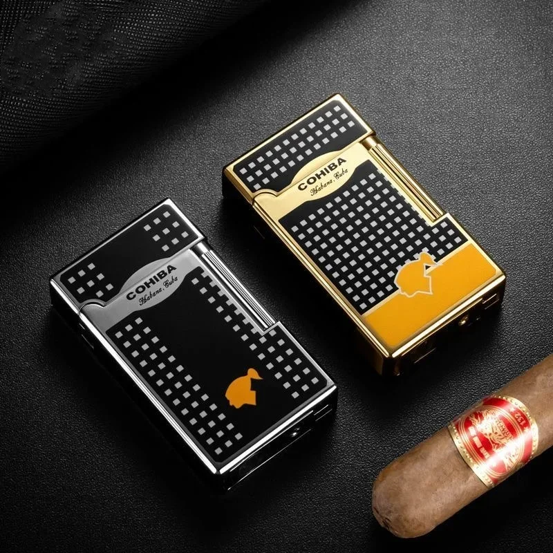 Роскошная зажигалка для сигар Cohiba, шлифовальный круг, зажигалка для сигарет, ветрозащитная надувная крестовая зажигалка с струйным пламенем