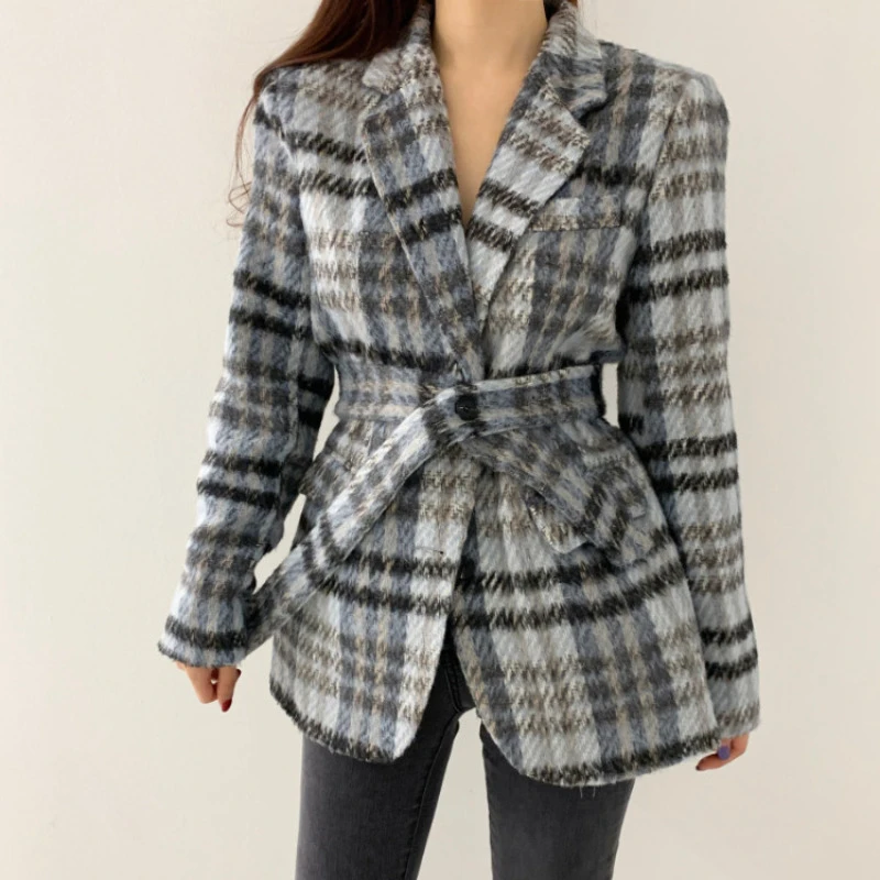 Neploe Vintage Houndstooth Woolen Blazer Mujer 2024 Autumn Winter New Long Sleeve Jackets Y2k Lace Up Slim Waist Tailored Coat