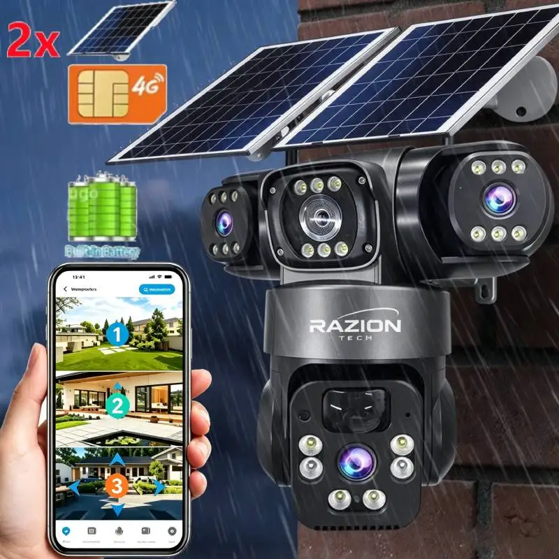 WLAN-IP-Kamera, Solarkamera für den Außenbereich, wasserdicht, Kamera mit drei Objektiven, 10-facher Zoom, wasserdicht, Nachtsicht, PIR, menschliche Erkennung, CCTV-Sicherheit, eingebauter Akku, 15