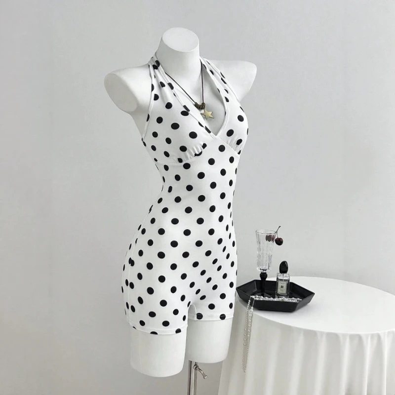 Jumpsuits Women One Piece Halter Sleeveless Print Dot Overalls Short Pants Tight Waist Rompers Y2k Streetwear Jumpsuit Work