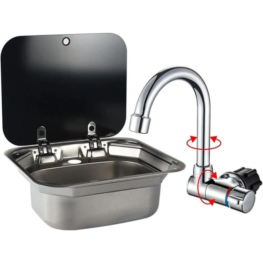 

Stainless Steel RV Kitchen Sink with Folded Faucet and Tempered Glass Lid for Camper Trailers and Caravans