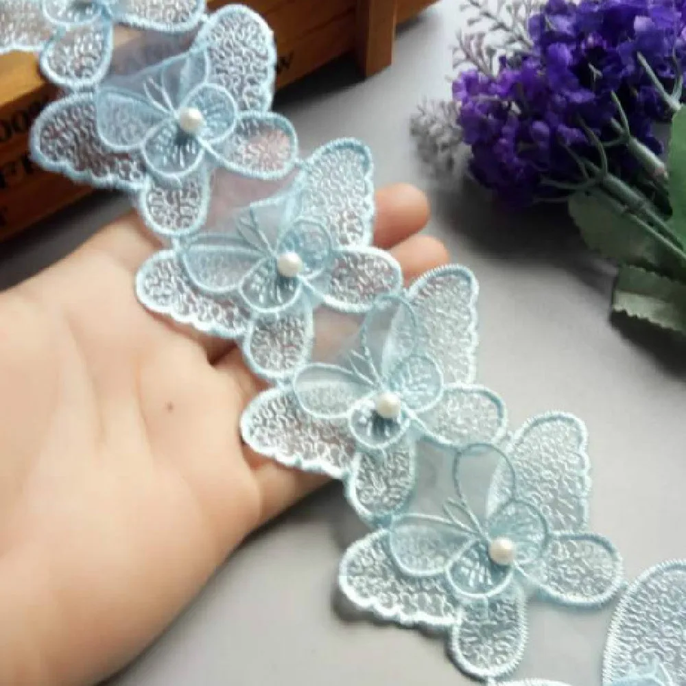 1 yard Blue Butterfly Bowknot Pearl Embroidered Lace Trim Fabric Lace Ribbon Handmade DIY Sewing Craft For Costume Decoration