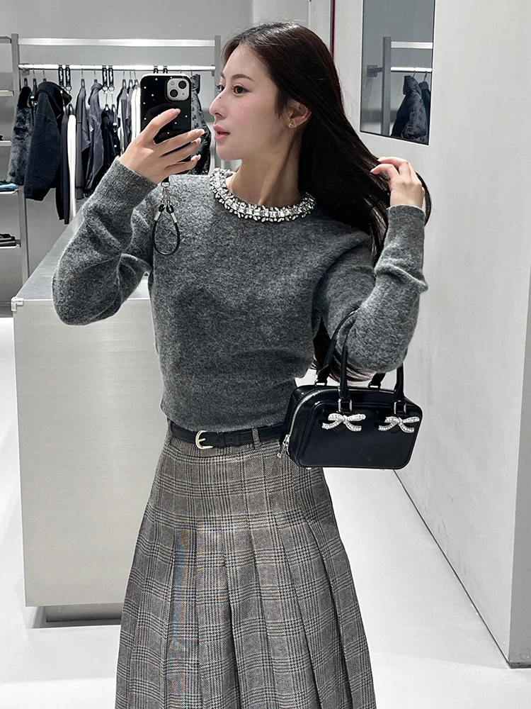 เสื้อสเวตเตอร์ถักฤดูหนาวผู้หญิงหรูหราฝังเพชรเก๋ไก๋ Sle Top Simple Commute Sle Regular Fit Long Sve ort Length