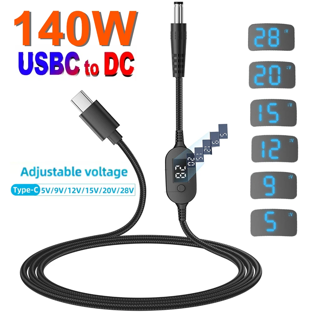 USB C to DC Power Cable 140W PD Type C to 5V 9V 12V 15V 20V 28V Adjustable Voltage Adapter Connector Cable for Laptop Routers