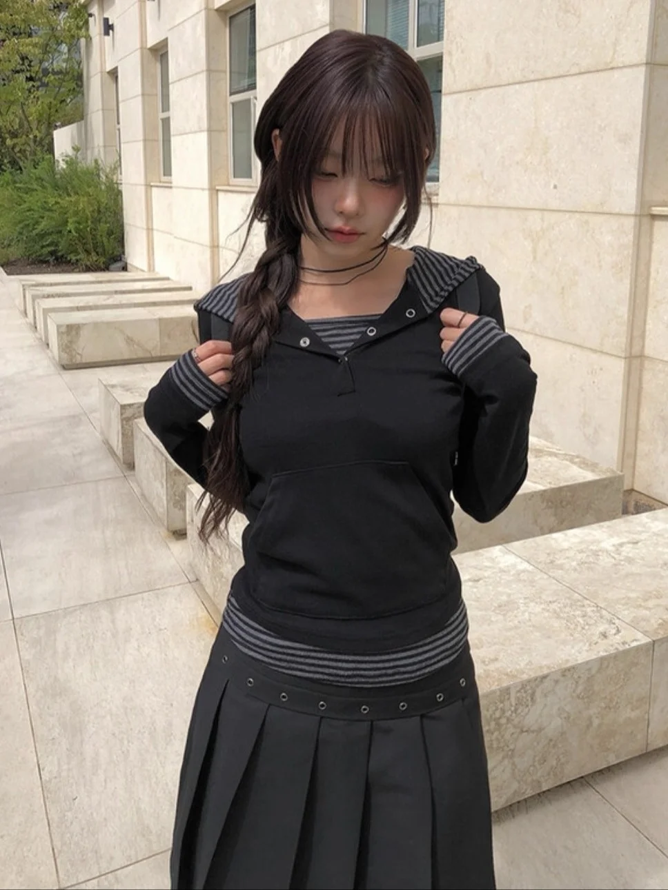 Unique SEI Korean Sle Long Sve Hooded Striped Patchwork Button Women's T-irt Casual Skirt Pants Autumn Winter Faion