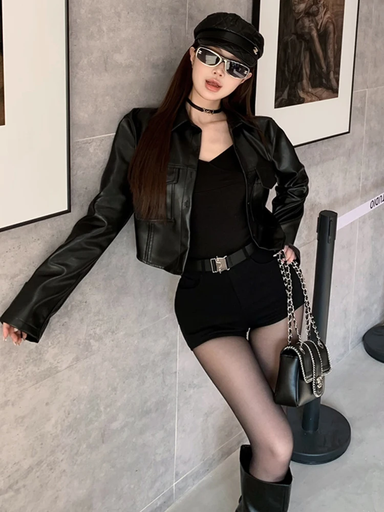 High Waist Short Shorts Set Motorcycle Style Slim Fit Short Leather Jacket And Pants Two Piece Set for Women Fashionable Stre...