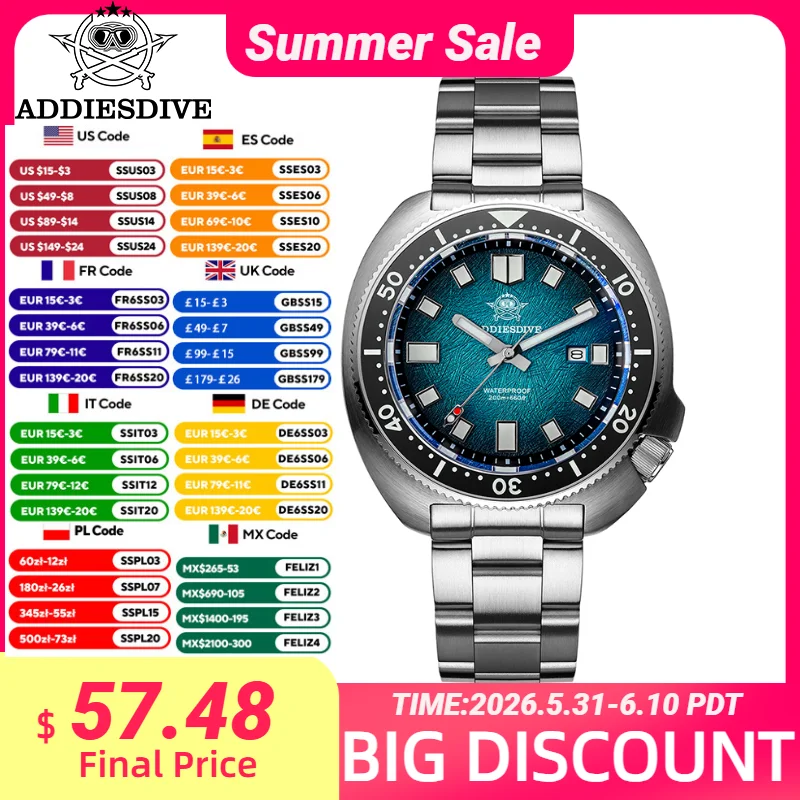 

ADDIESDIVE Quartz Watches For Men Sapphire Glass Japan 2115 BGW9 Super Luminous Luxury Watch 200M Waterproof Diving Watch AD2511