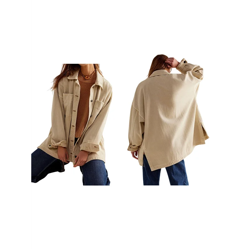 ABRT-Women's City Denim Jacket-Long Sleeve Oversized Boyfriend Style Jean Jacket With Button Up Front